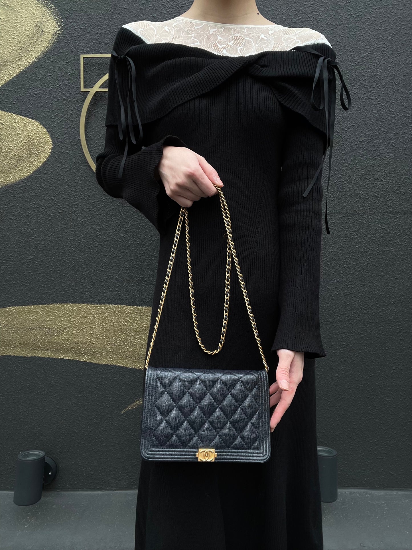 CHANEL Boy Quilted Shoulder Bag, Caviar Leather, Navy, Gold-Tone Hardware