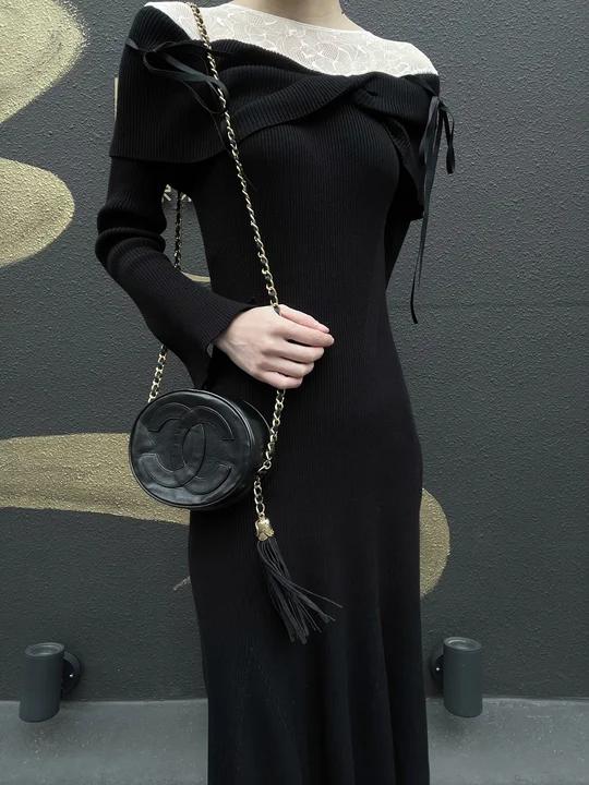 CHANEL Tassel Shoulder Bag, Black Lambskin, Authenticity Card Included