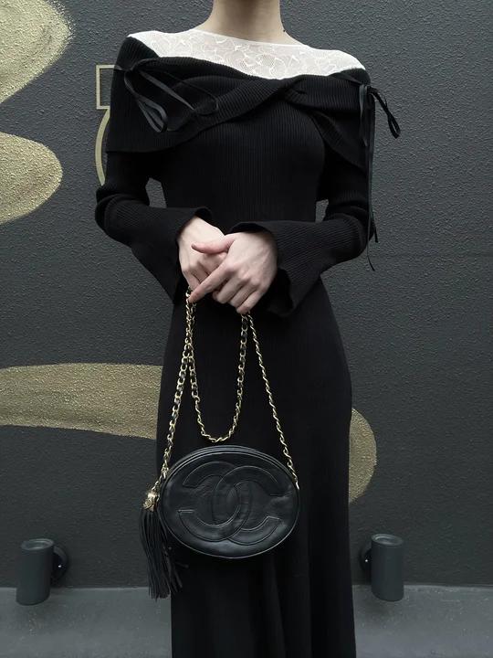 CHANEL Tassel Shoulder Bag, Black Lambskin, Authenticity Card Included