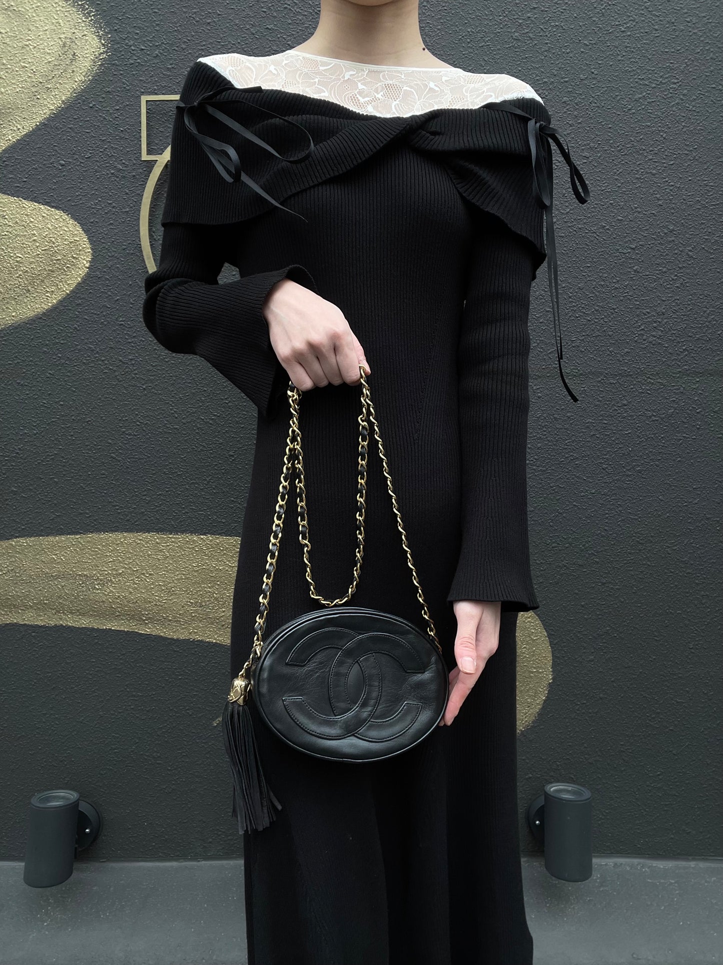 CHANEL Tassel Shoulder Bag, Black Lambskin, Authenticity Card Included