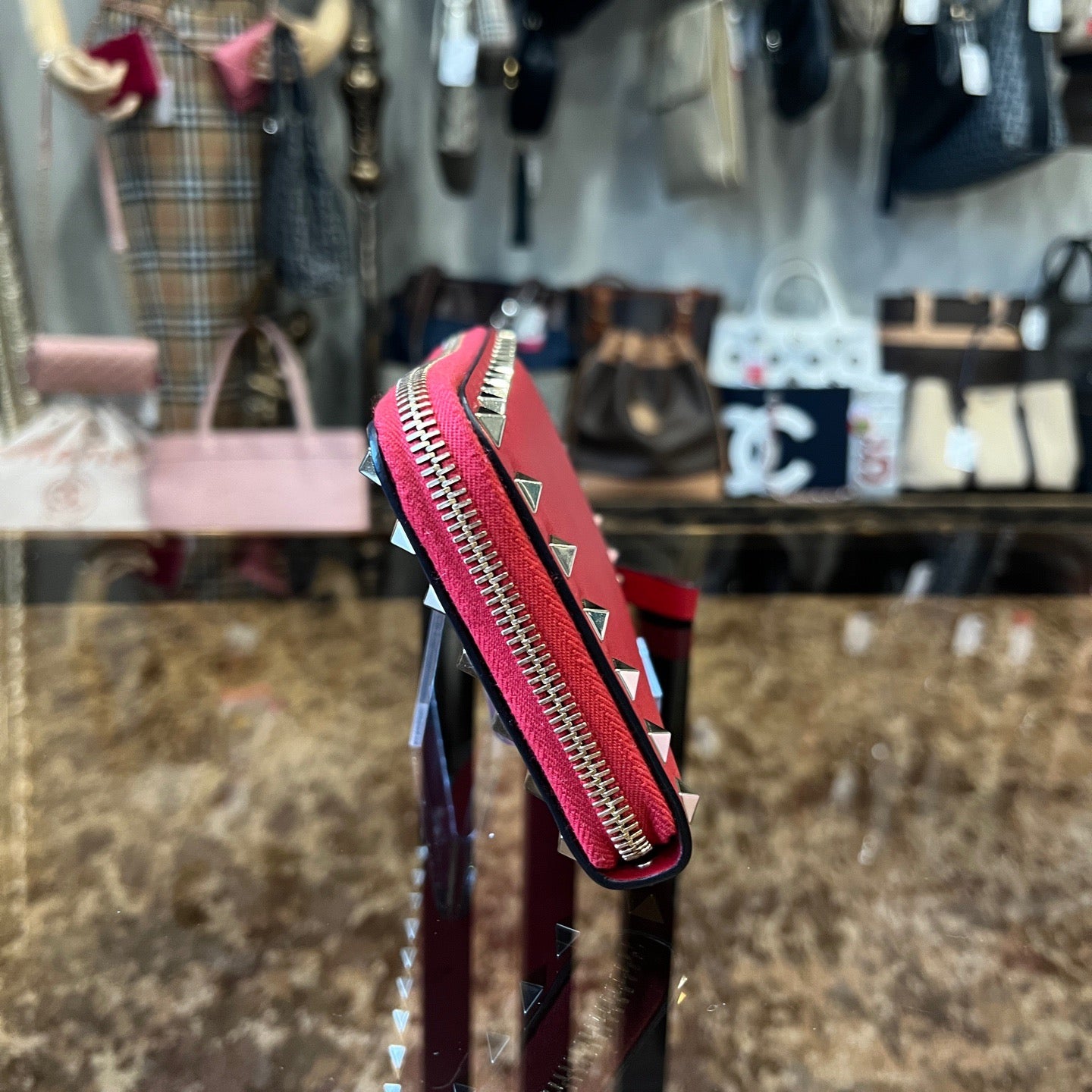VALENTINO GARAVANI Rockstud Zip Around Wallet Leather Red Gold Stud Hardware
