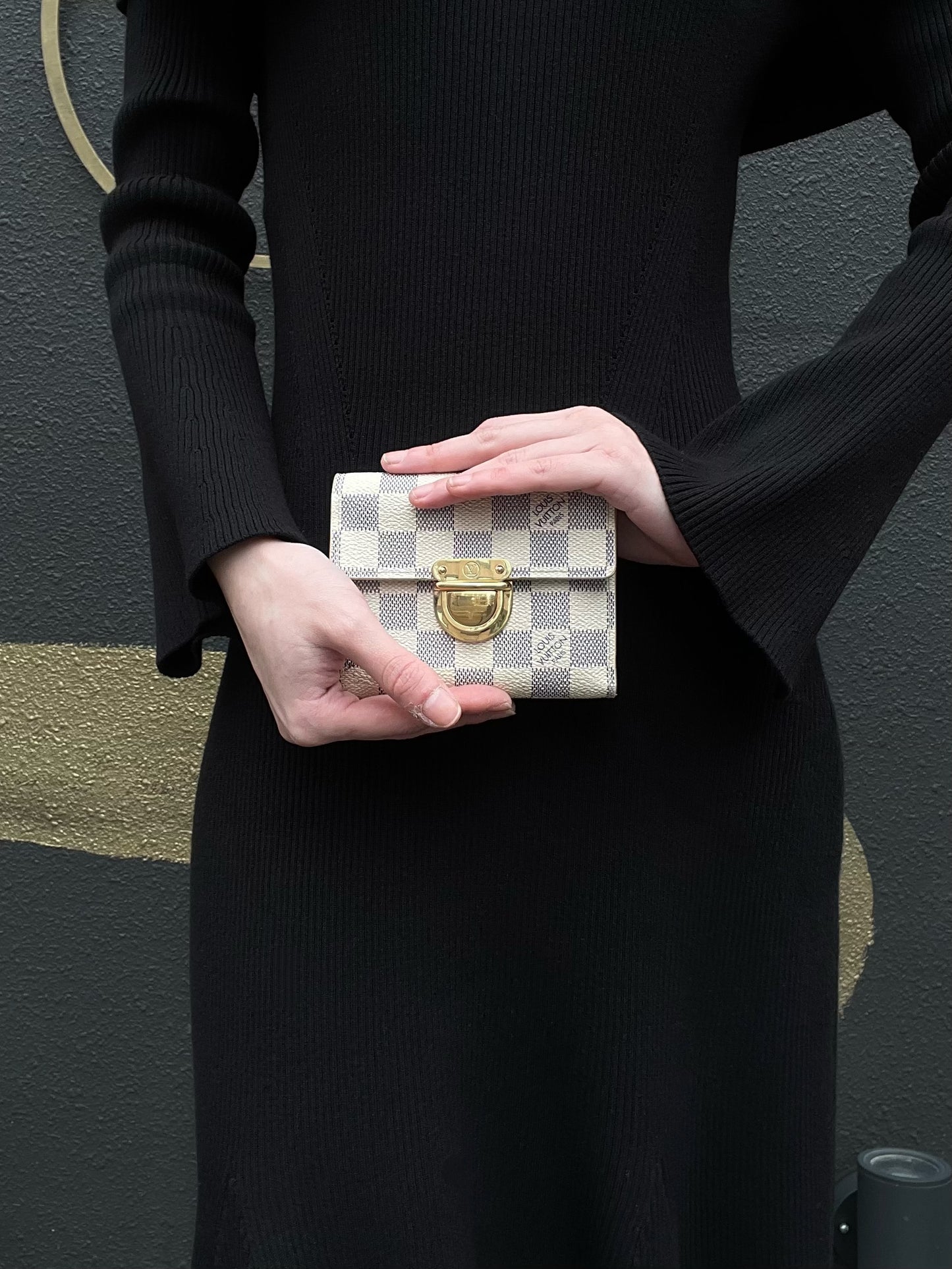 LOUIS VUITTON Portefeuille Koala Wallet, Damier Azur, White, Gold Hardware, With Initials Engraving, Box & Dust Bag