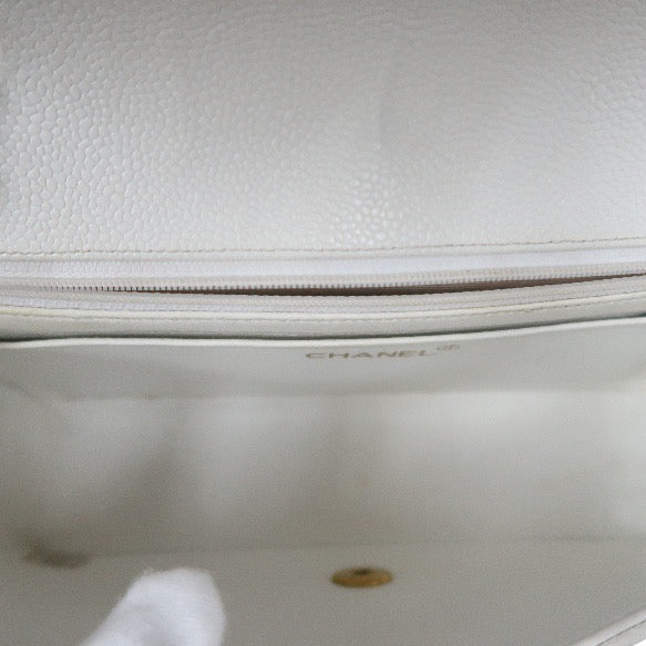 Chanel White Caviar Leather Classic Flap Bag with Gold-Tone Hardware, Chain Shoulder Bag
