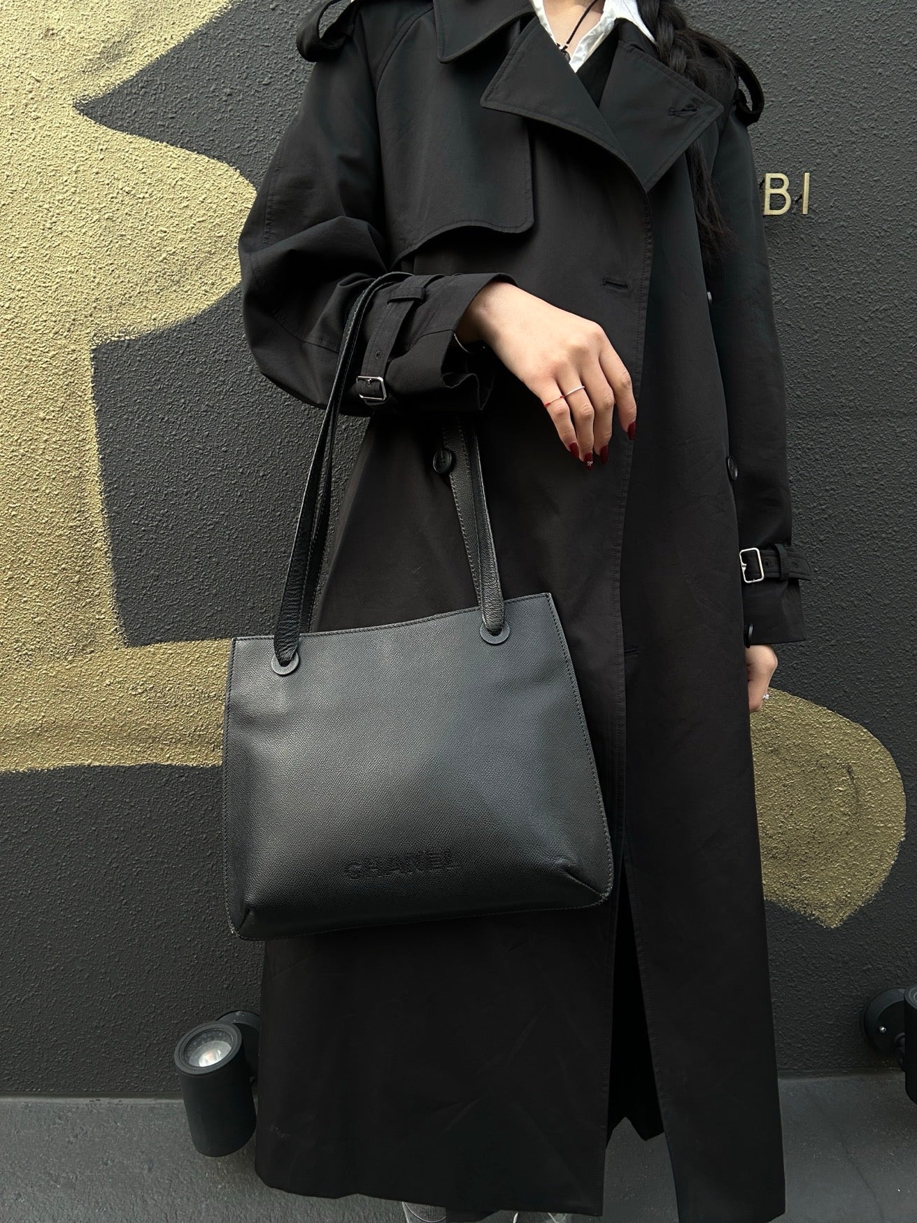 Chanel Black Caviar Leather Logo Tote Shoulder Bag