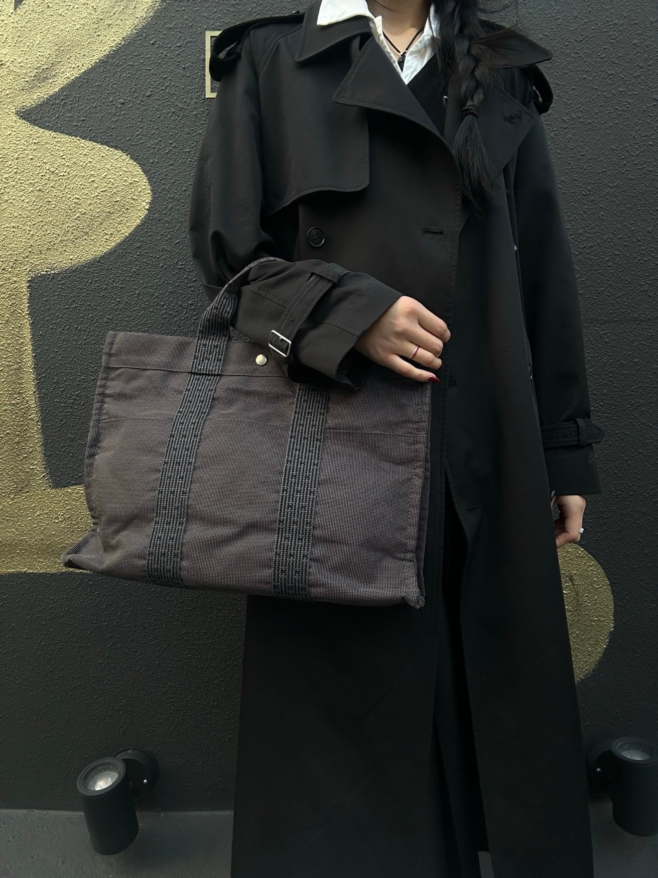 Hermes Herline MM Canvas Tote Bag in Gray/Black