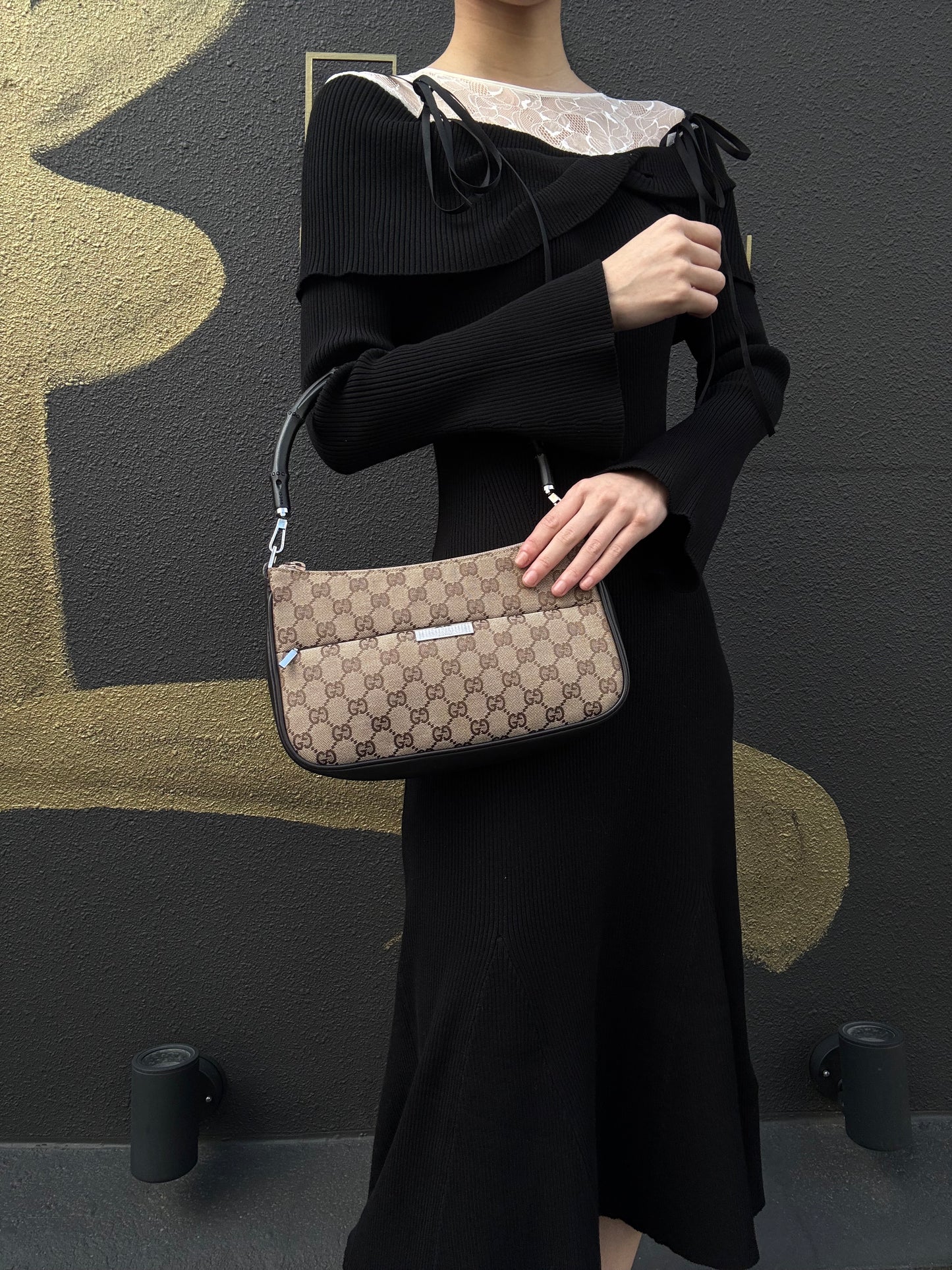 GUCCI Bamboo GG Canvas Shoulder Bag, Brown, Silver Hardware