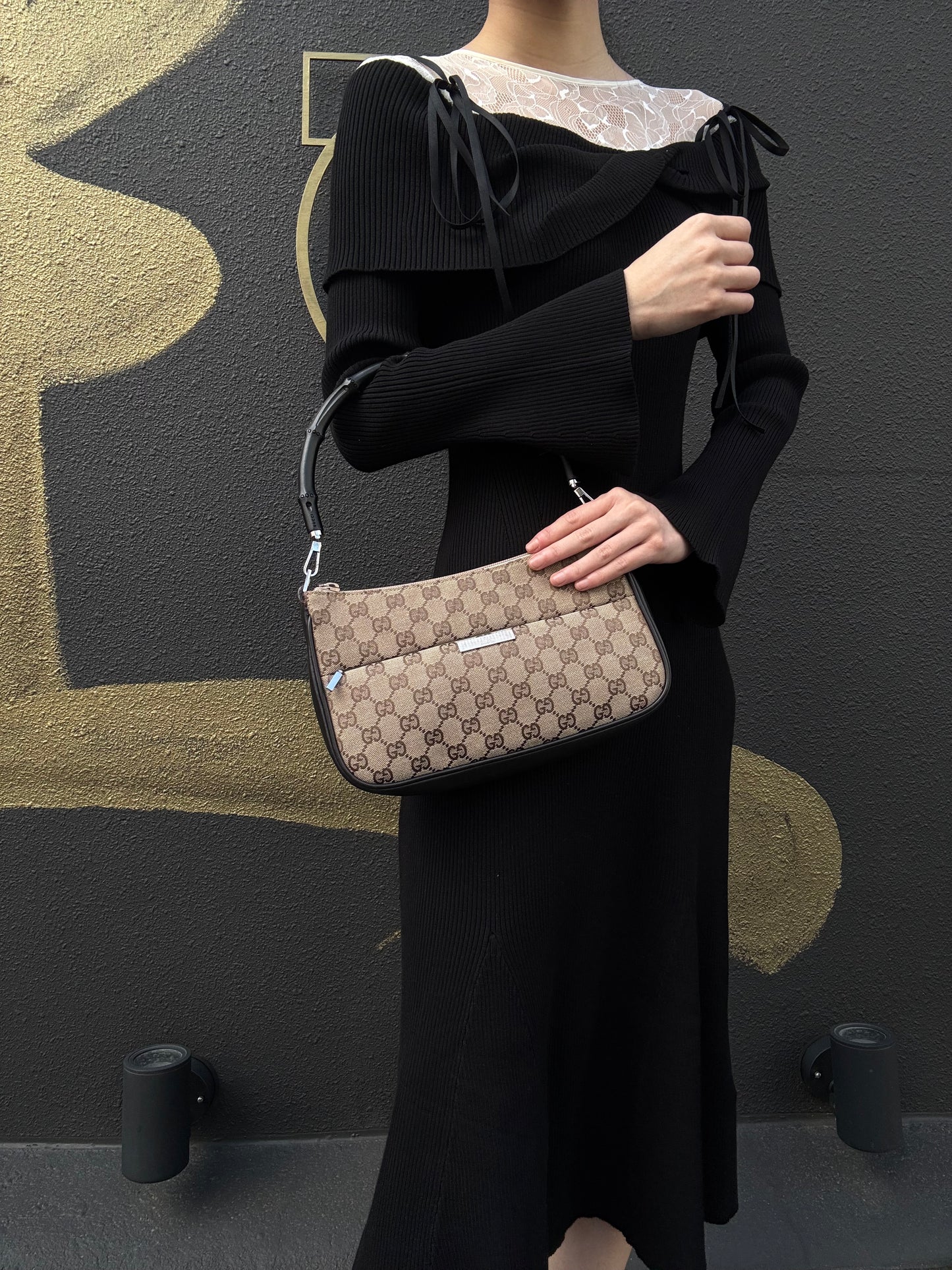 GUCCI Bamboo GG Canvas Shoulder Bag, Brown, Silver Hardware