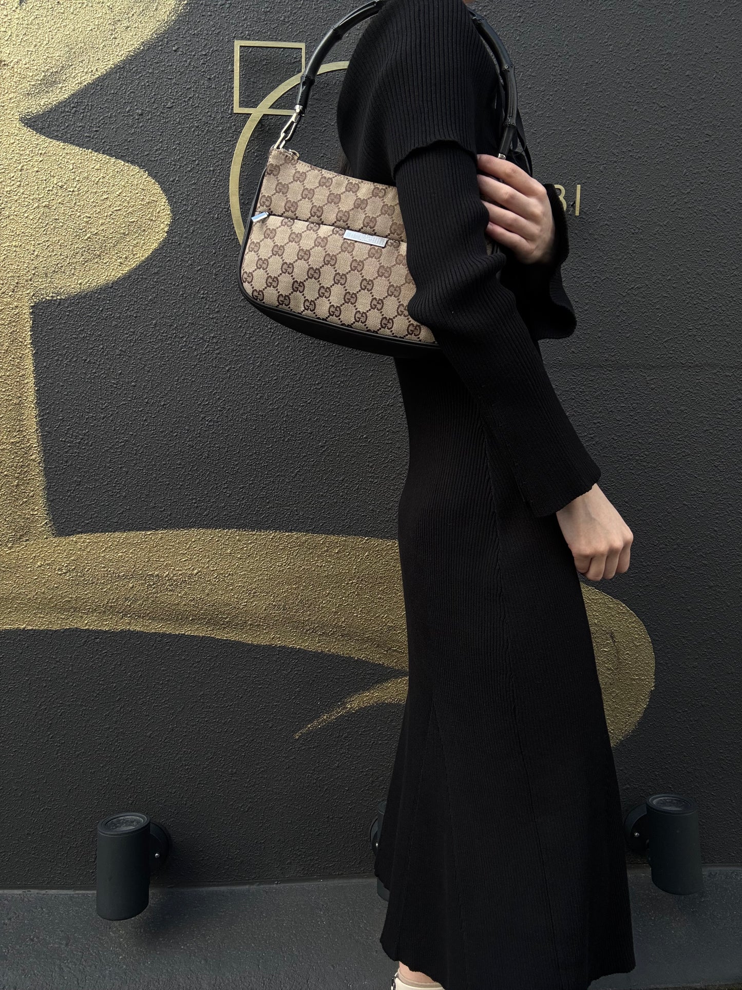 GUCCI Bamboo GG Canvas Shoulder Bag, Brown, Silver Hardware