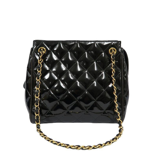 Chanel Enamel Patent Leather Chain Tote Bag Black with Gold Hardware