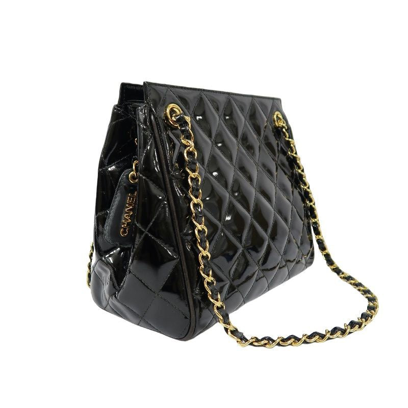 Chanel Enamel Patent Leather Chain Tote Bag Black with Gold Hardware
