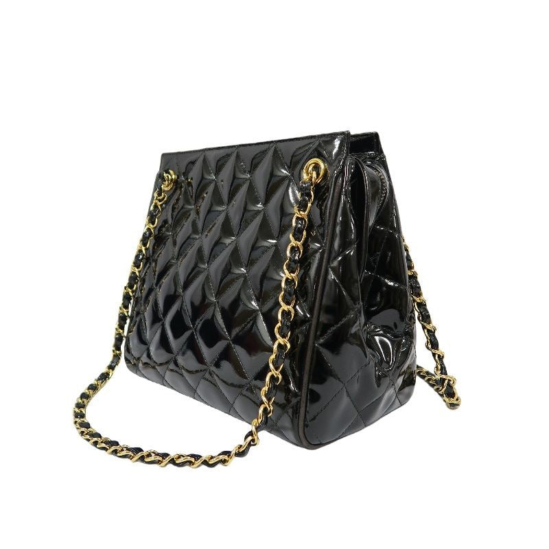 Chanel Enamel Patent Leather Chain Tote Bag Black with Gold Hardware