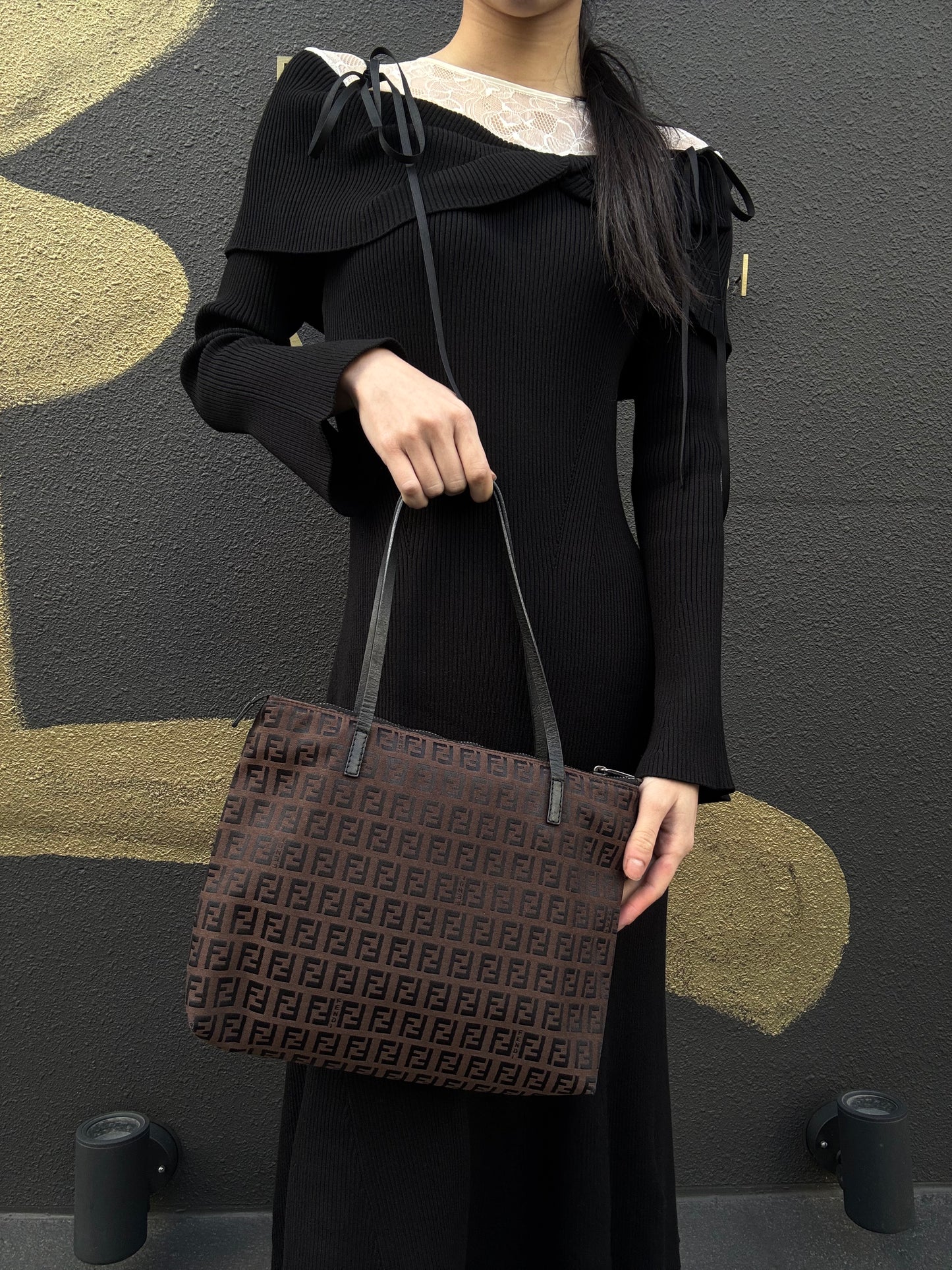 FENDI Zucchino Tote Bag, Canvas, Brown, FENDI Monogram Canvas Tote Shoulder Bag