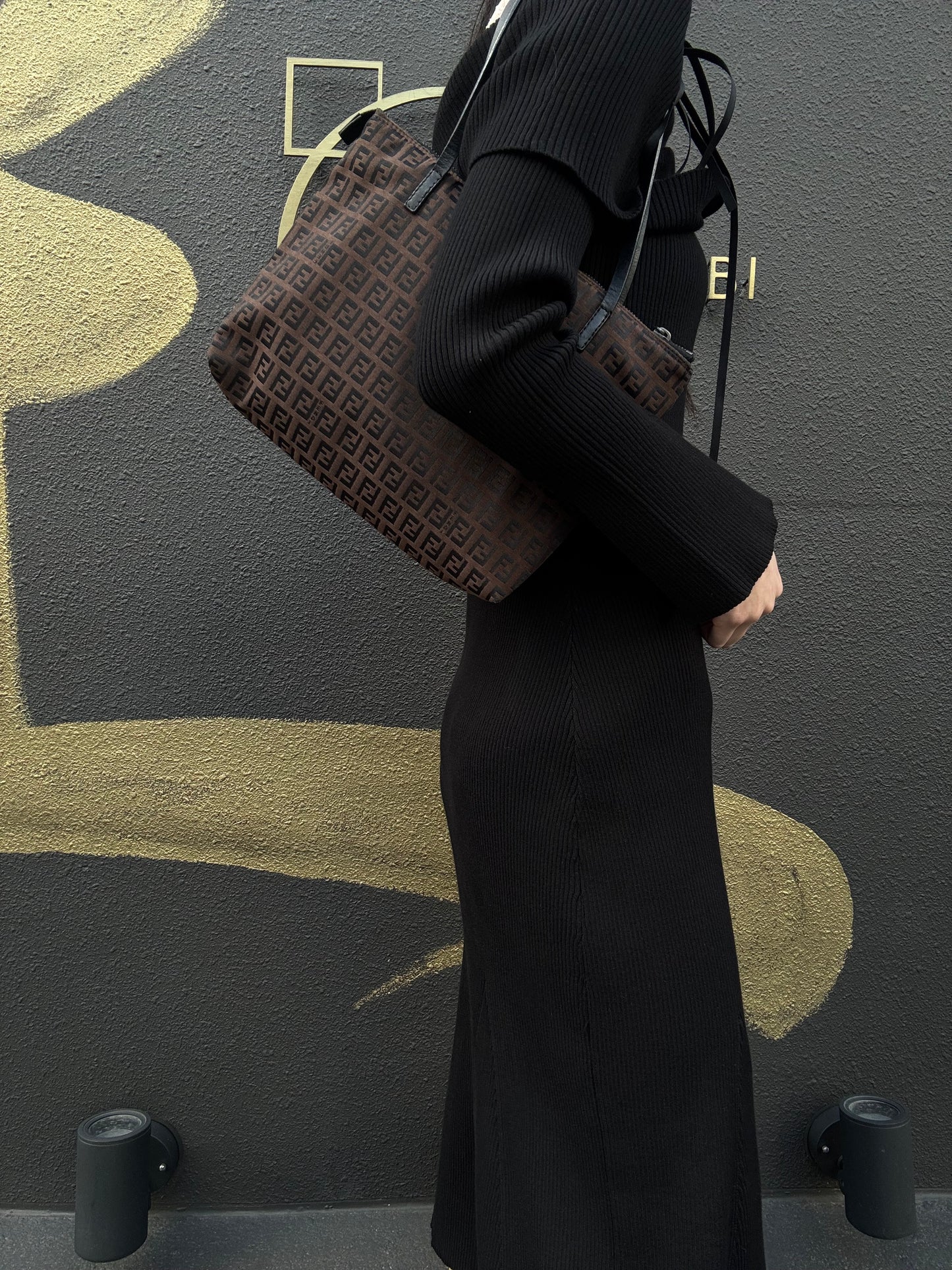 FENDI Zucchino Tote Bag, Canvas, Brown, FENDI Monogram Canvas Tote Shoulder Bag