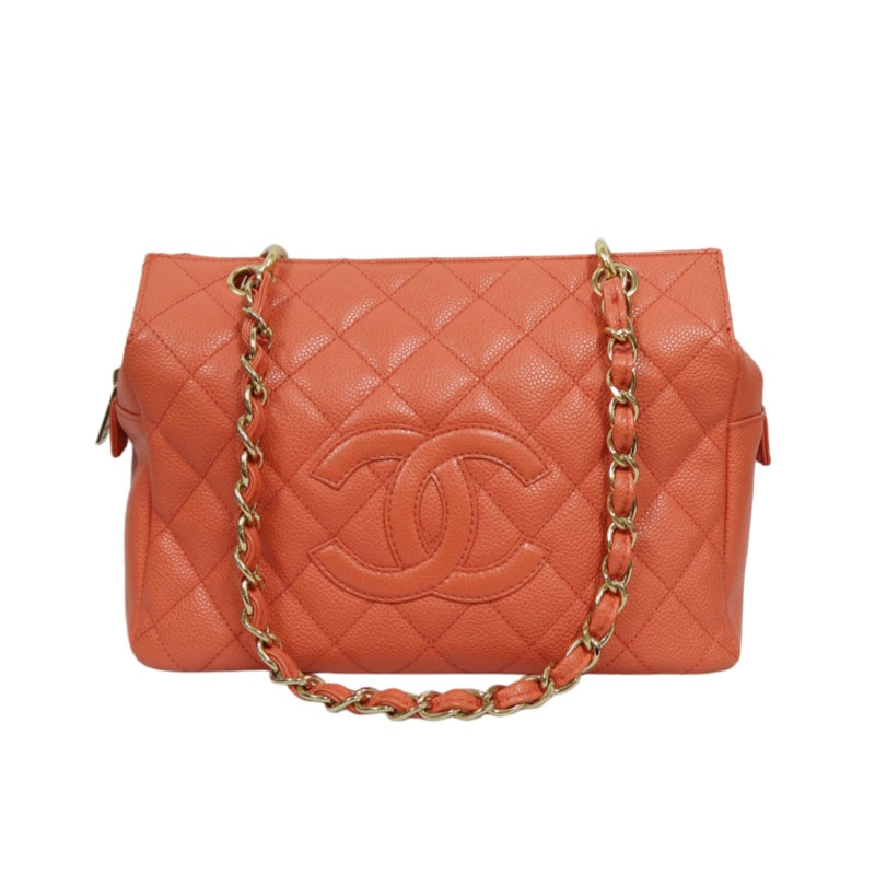 CHANEL Pink Orange Shoulder Bag, Caviar Leather, Gold Hardware, with Dust Bag and Guarantee Card
