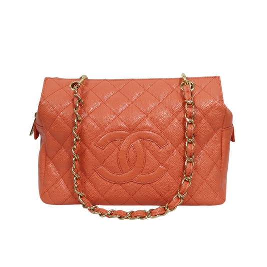 CHANEL Pink Orange Shoulder Bag, Caviar Leather, Gold Hardware, with Dust Bag and Guarantee Card