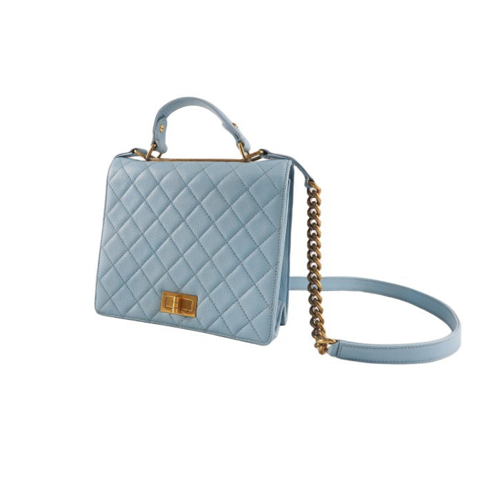 CHANEL Light Blue Quilted Shoulder Bag, Gold Hardware, Caviar Leather, with Guarantee Card, Blue Calfskin, 2.55 Handle Crossbody Bag