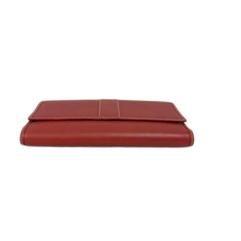 COACH Leather Long Snap Wallet Red With Stitching Detail