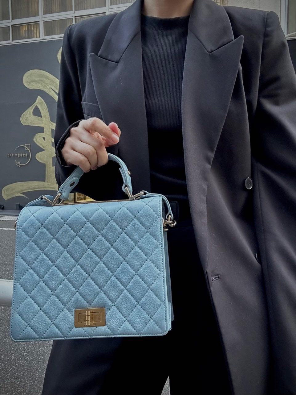 CHANEL Light Blue Quilted Shoulder Bag, Gold Hardware, Caviar Leather, with Guarantee Card, Blue Calfskin, 2.55 Handle Crossbody Bag