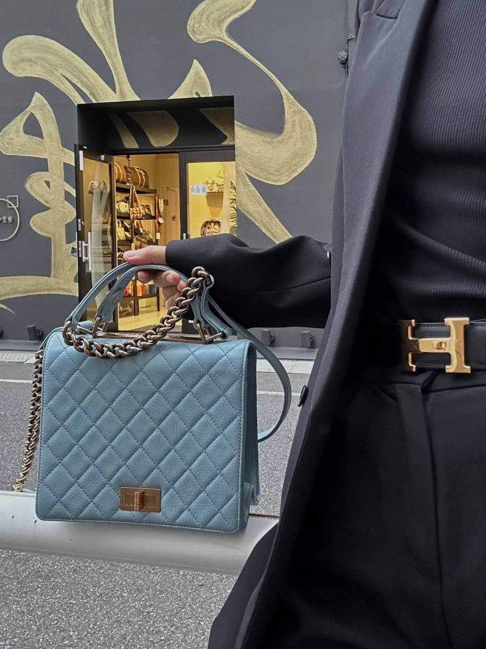 CHANEL Light Blue Quilted Shoulder Bag, Gold Hardware, Caviar Leather, with Guarantee Card, Blue Calfskin, 2.55 Handle Crossbody Bag
