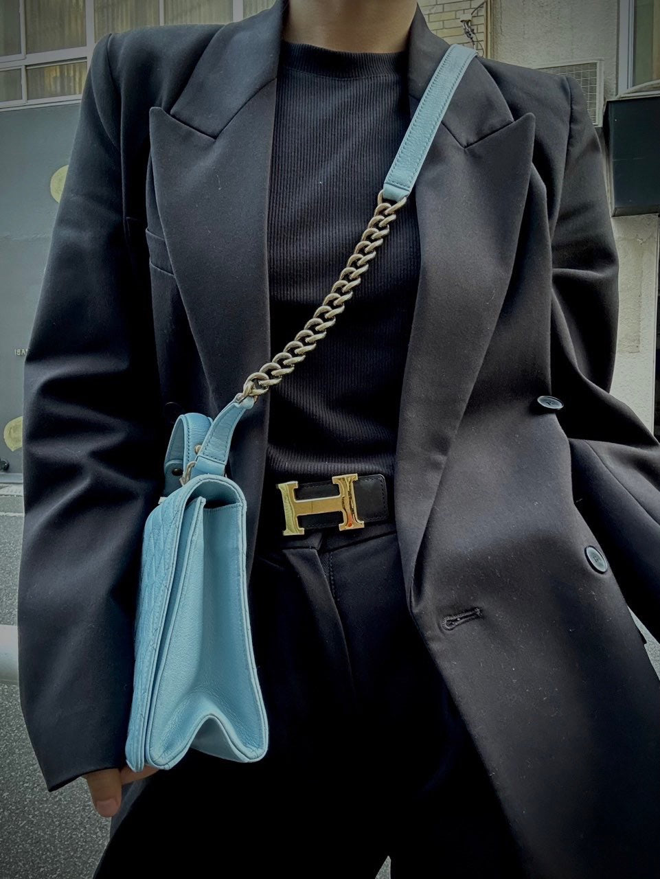 CHANEL Light Blue Quilted Shoulder Bag, Gold Hardware, Caviar Leather, with Guarantee Card, Blue Calfskin, 2.55 Handle Crossbody Bag