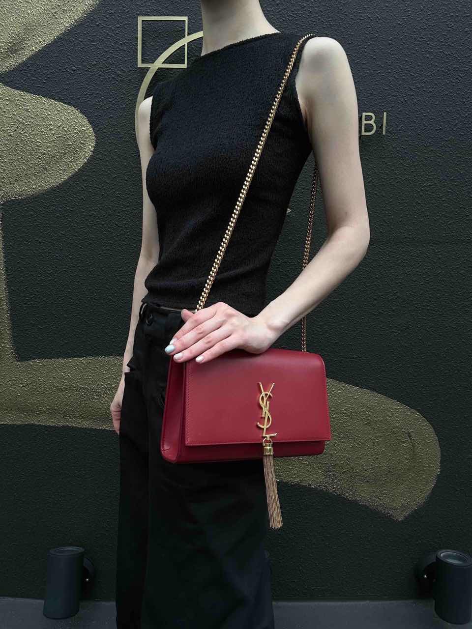 YSL Saint Laurent Kate Tassel Chain Shoulder Bag PVC Red Gold Hardware