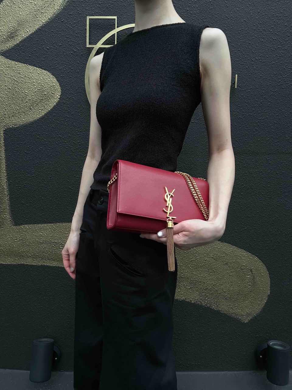 YSL Saint Laurent Kate Tassel Chain Shoulder Bag PVC Red Gold Hardware