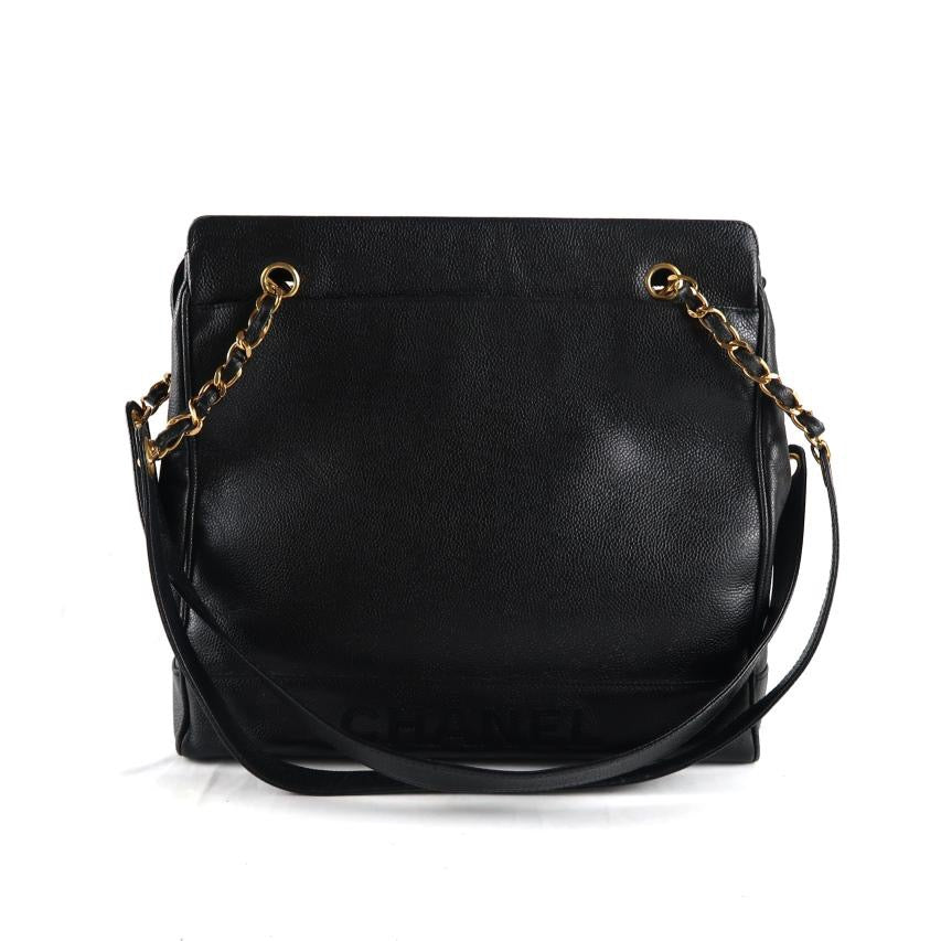 CHANEL Caviar Leather Chain Tote Bag, Black with Gold Hardware, Single Shoulder Style
