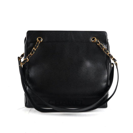 CHANEL Caviar Leather Chain Tote Bag, Black with Gold Hardware, Single Shoulder Style