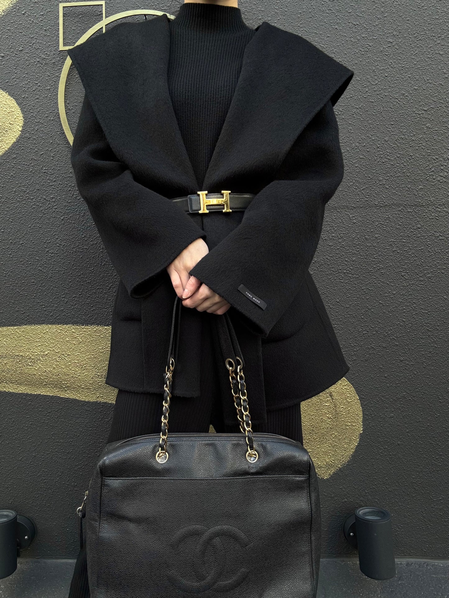 CHANEL Coco Mark Shoulder Bag, Caviar Leather, Black, Gold-tone Hardware