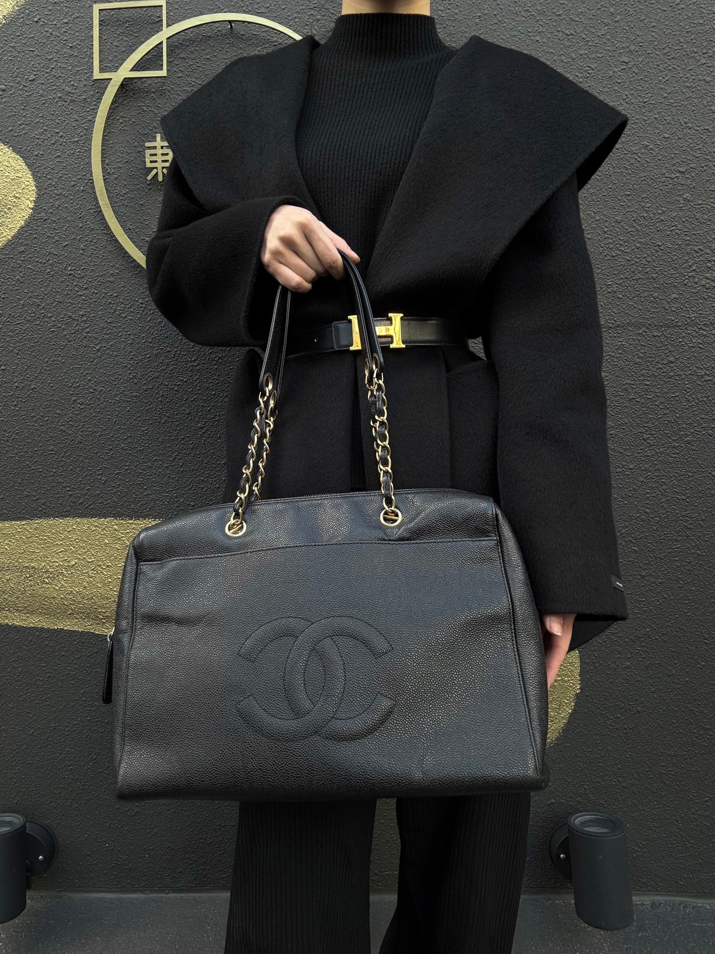 CHANEL Coco Mark Shoulder Bag, Caviar Leather, Black, Gold-tone Hardware