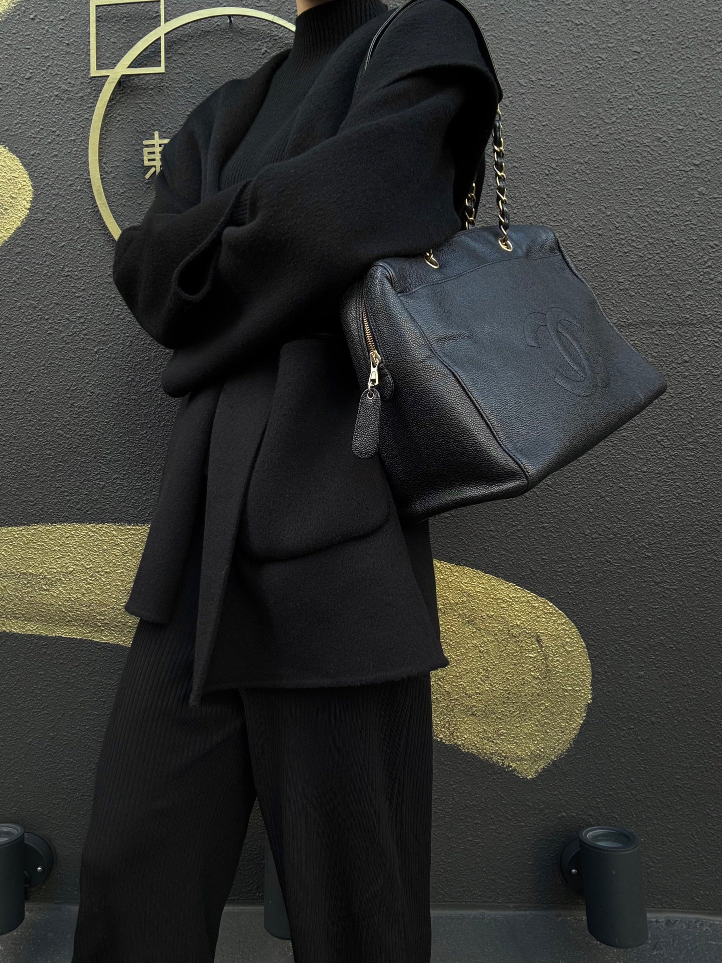 CHANEL Coco Mark Shoulder Bag, Caviar Leather, Black, Gold-tone Hardware