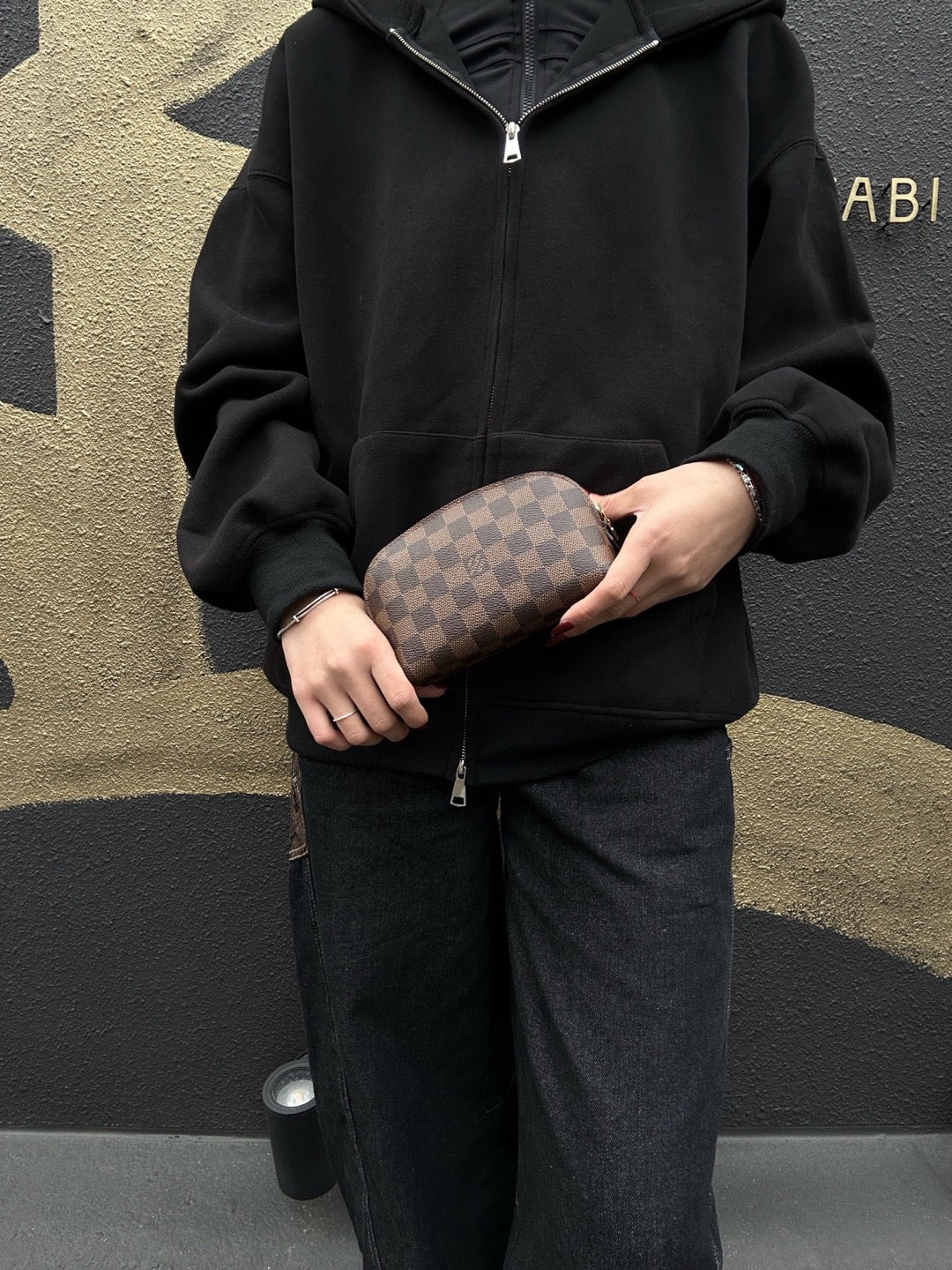 LOUIS VUITTON Damier Pochette Cosmetique, Brown, Half-Moon Cosmetic Pouch