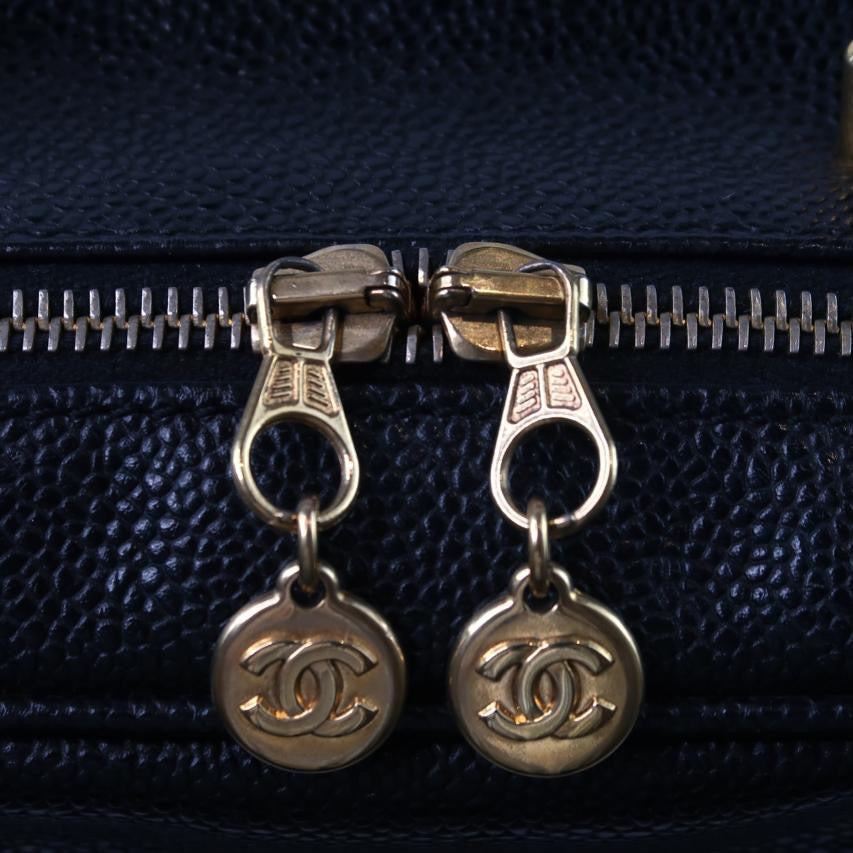 CHANEL Black Caviar Leather Box Bag, Gold Hardware, with Shoulder Strap & Guarantee Card, Top Handle & Crossbody Style