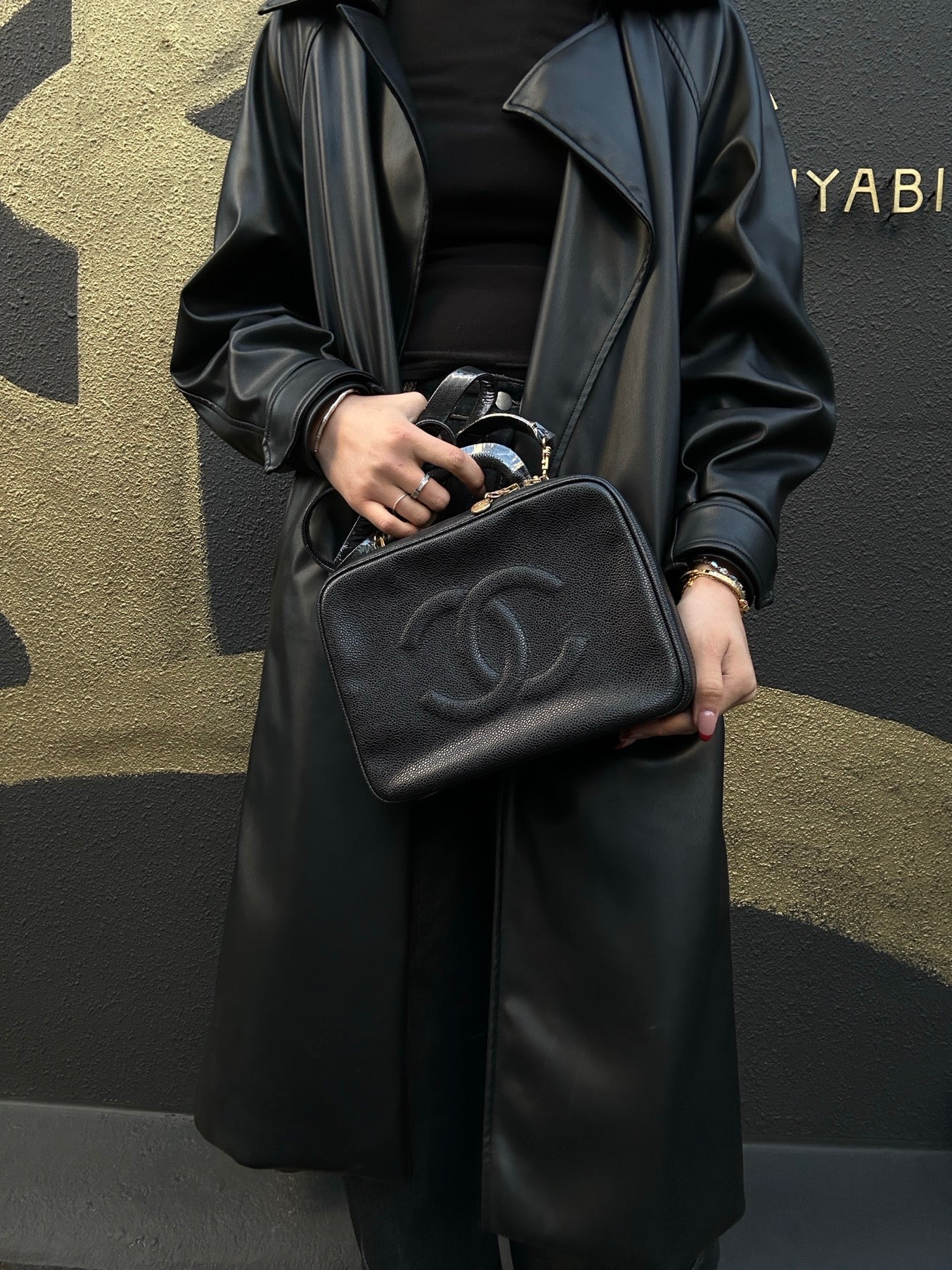 CHANEL Black Caviar Leather Box Bag, Gold Hardware, with Shoulder Strap & Guarantee Card, Top Handle & Crossbody Style