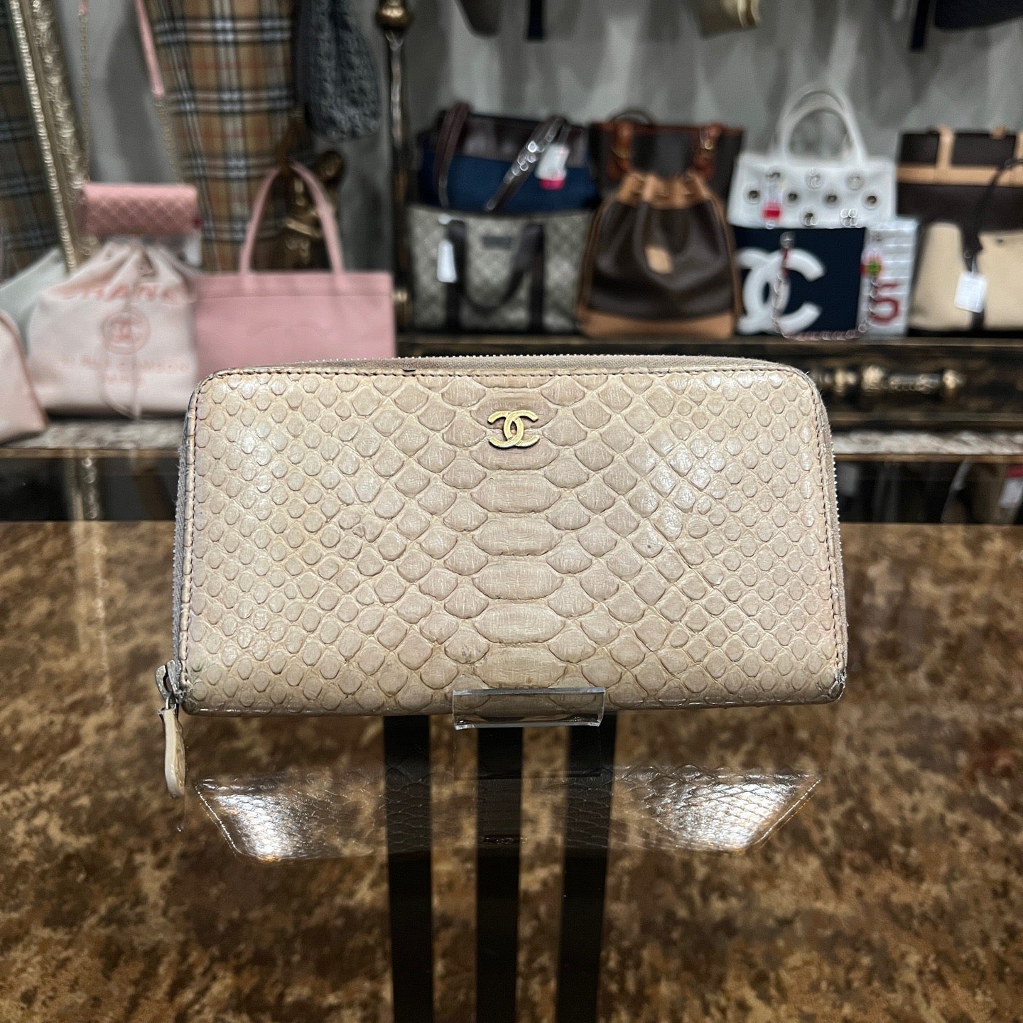 CHANEL Python Skin Long Wallet, Beige
