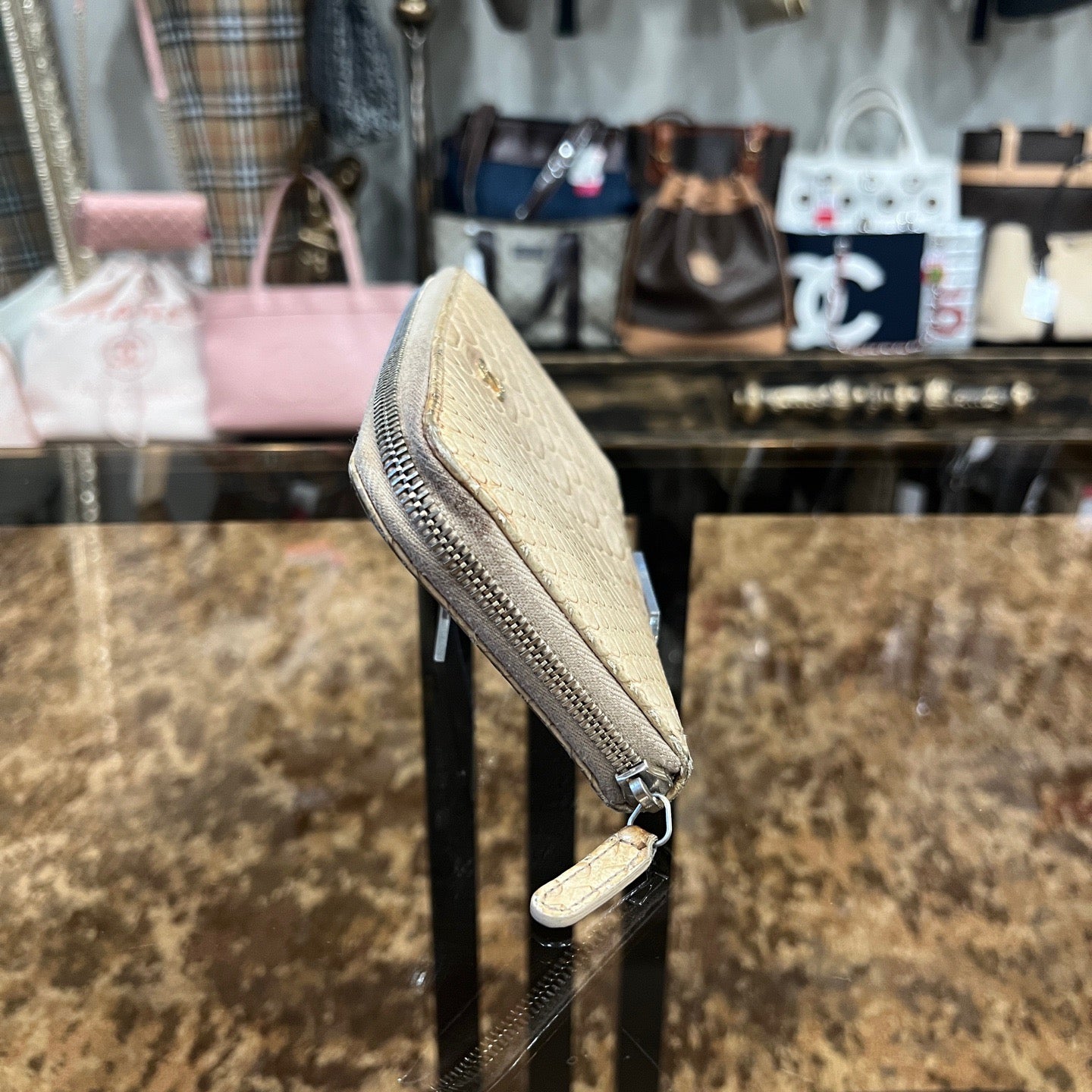 CHANEL Python Skin Long Wallet, Beige