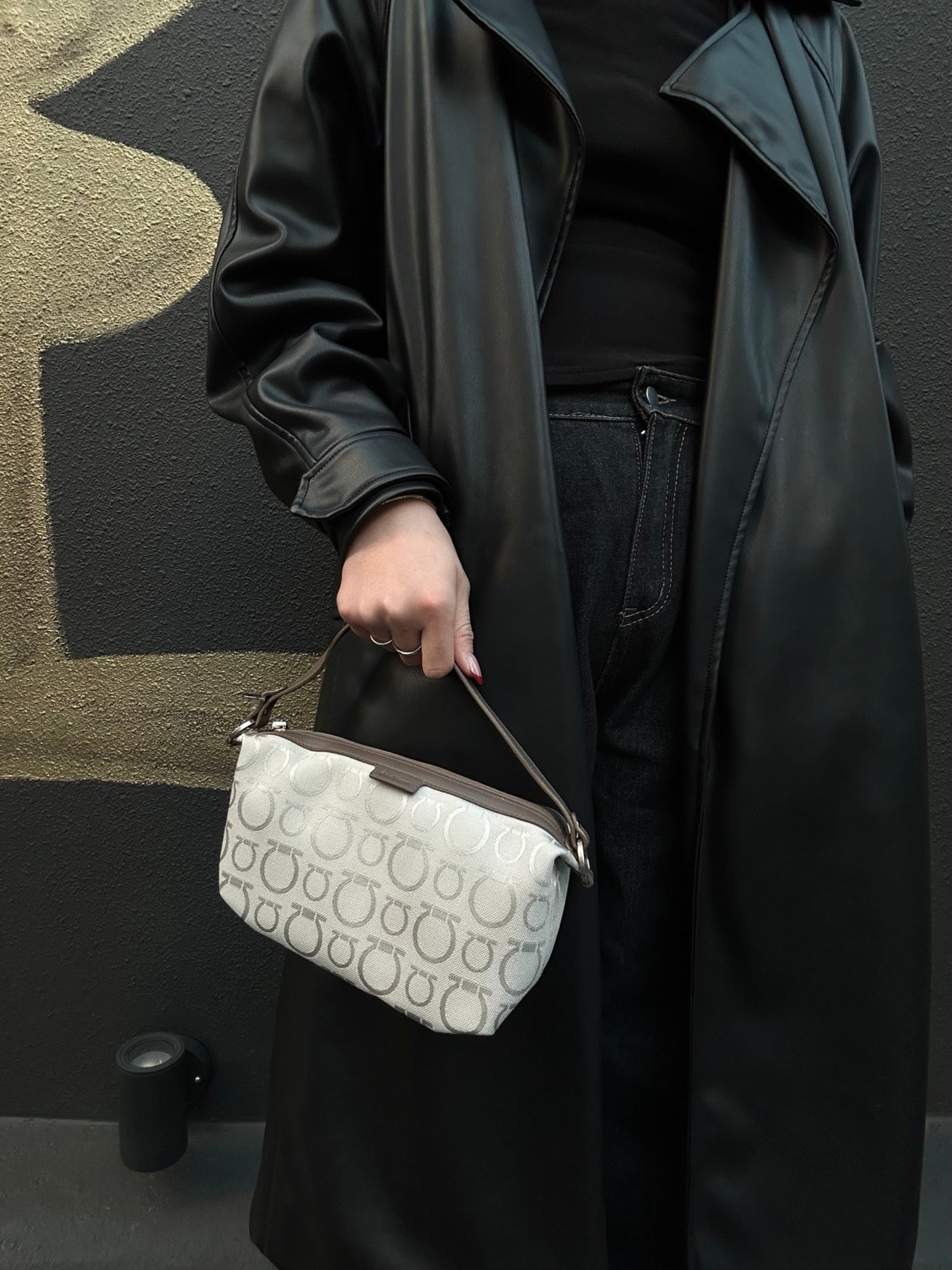 Salvatore Ferragamo Gray Fabric Pouch Shoulder Bag with Silver Hardware