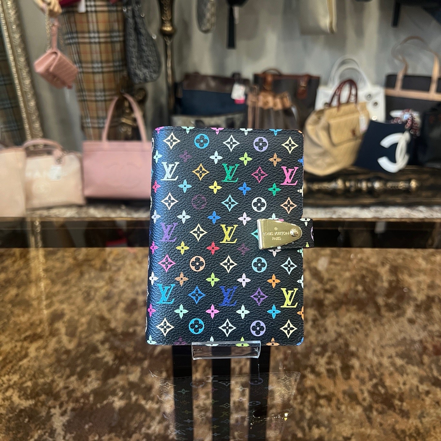 LOUIS VUITTON Multicolore Notebook, Black with Initials, Comes with Refillable Pages, Notepad, Card Slots, Instruction Manual and Dust Bag, Original Box Included
