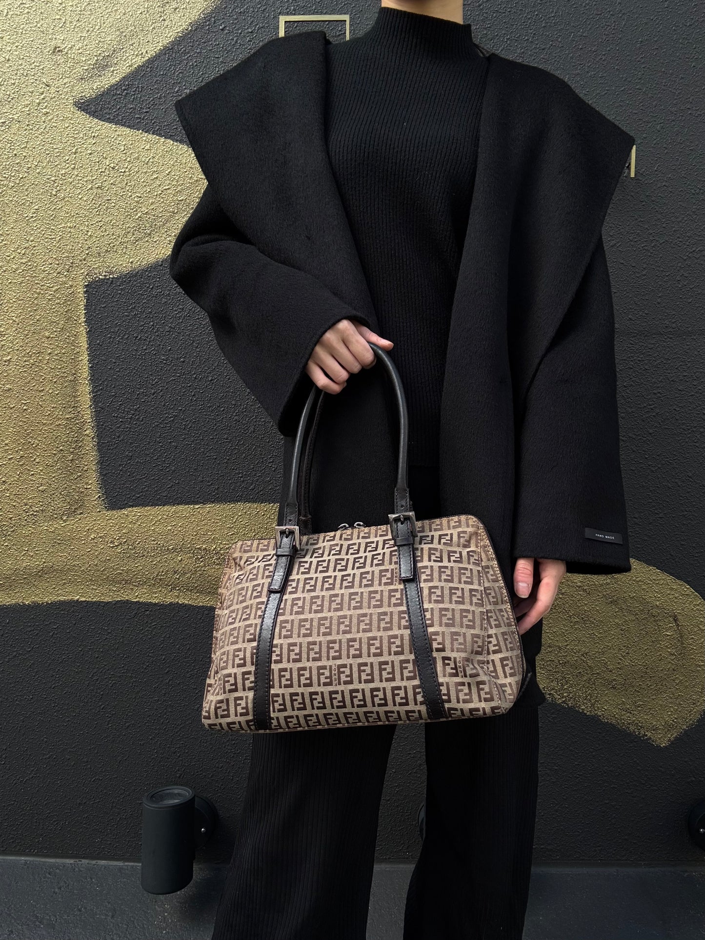 FENDI Zucca Monogram Canvas Boston Handbag, Brown