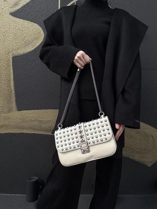 VALENTINO  Rockstud Glam Lock Shoulder Bag Calfskin Off-White White Turquoise