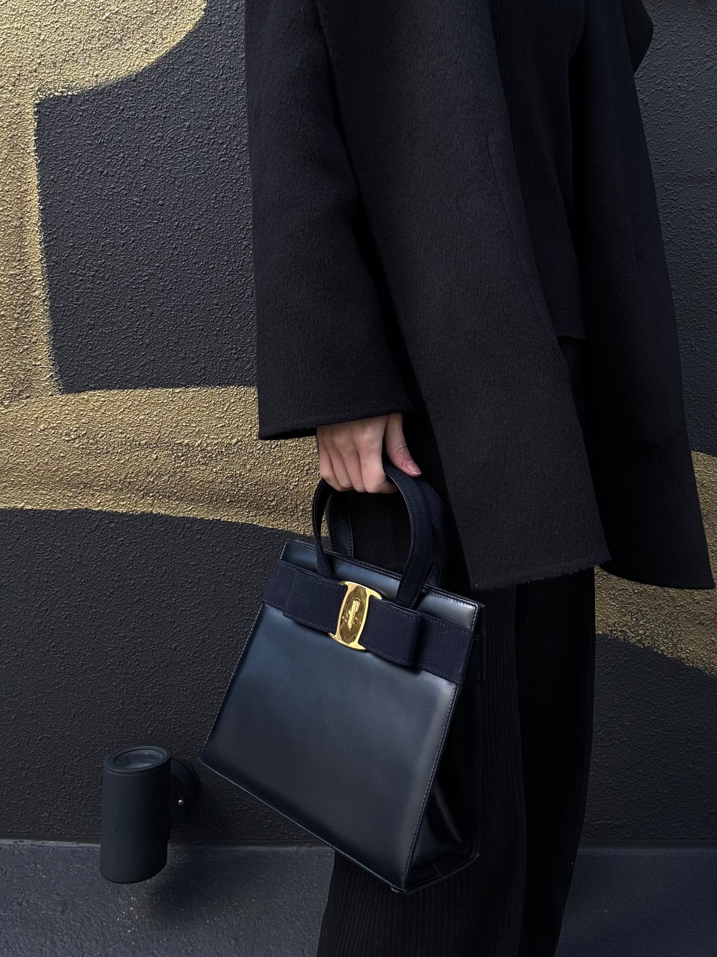 FERRAGAMO  Ribbon Handbag Lambskin Navy Blue Gold Hardware