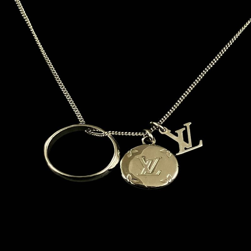 LOUIS VUITTON Monogram Ring Necklace, Silver-Tone Hardware, with Box and Dust Bag, LV Silver Alloy Logo Necklace