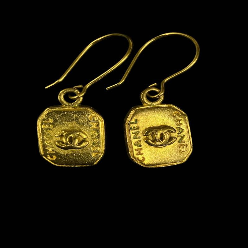 CHANEL Earrings, Gold-Tone Hardware, with Box, CHANEL Gold Alloy Drop Earrings