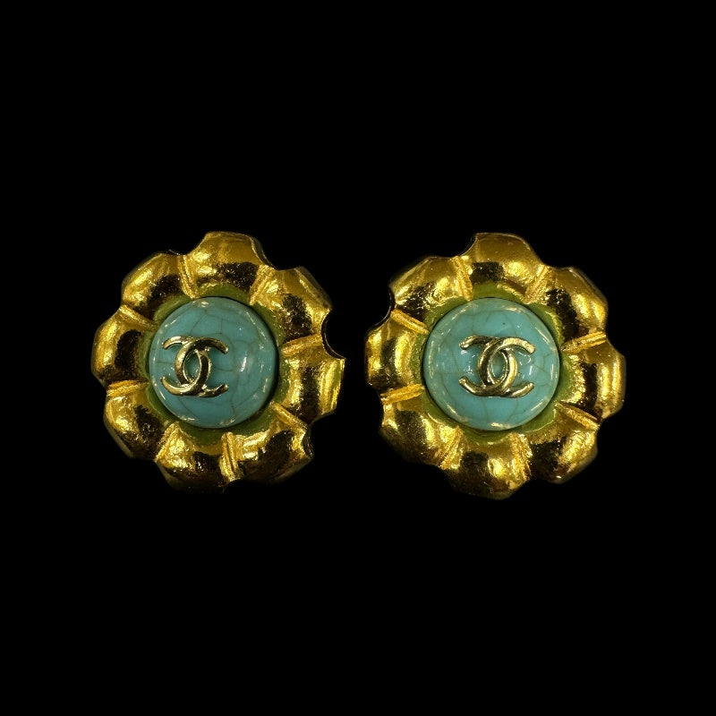 CHANEL Coco Mark Turquoise Stone Earrings, Blue  Gold Hardware, With Box