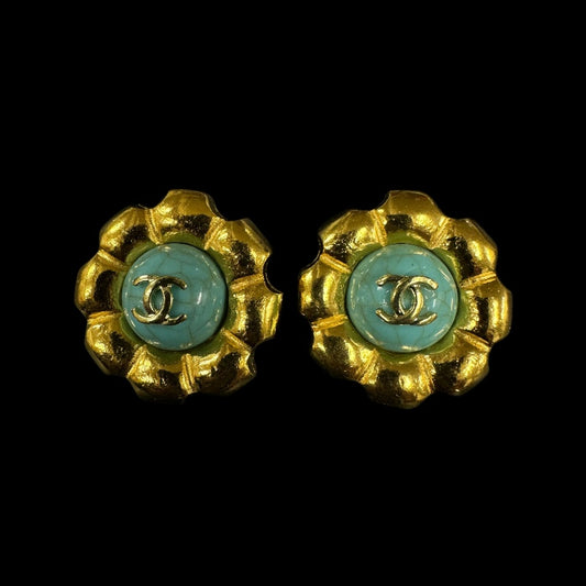 CHANEL Coco Mark Turquoise Stone Earrings, Blue  Gold Hardware, With Box