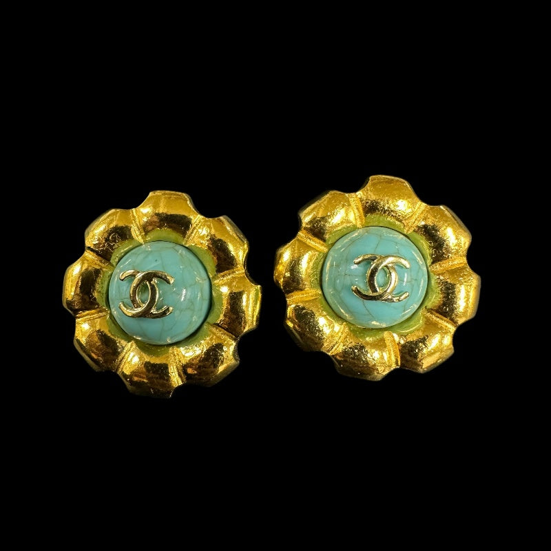 CHANEL Coco Mark Turquoise Stone Earrings, Blue  Gold Hardware, With Box