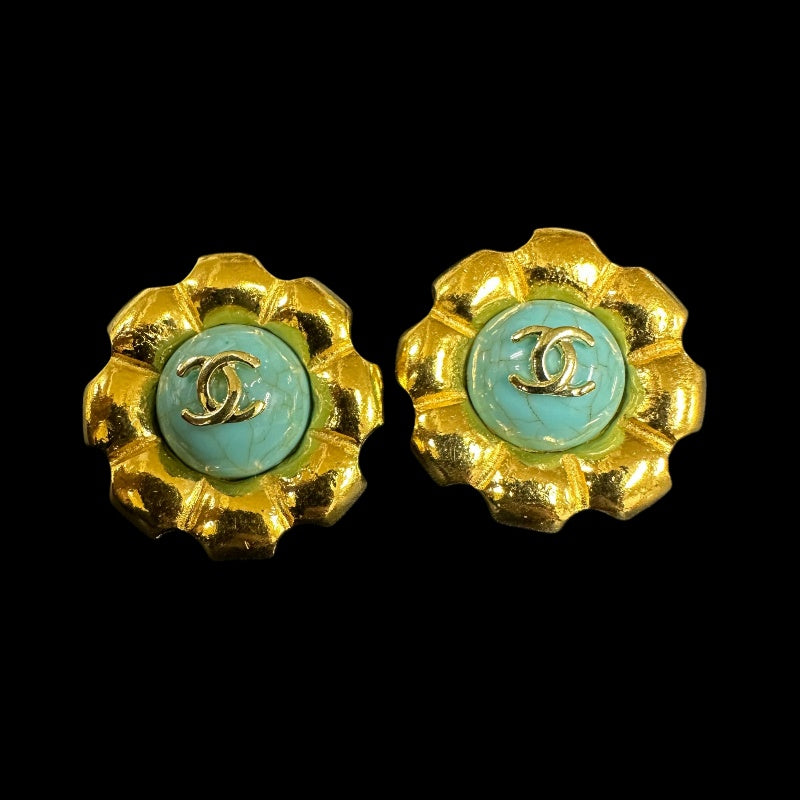 CHANEL Coco Mark Turquoise Stone Earrings, Blue  Gold Hardware, With Box