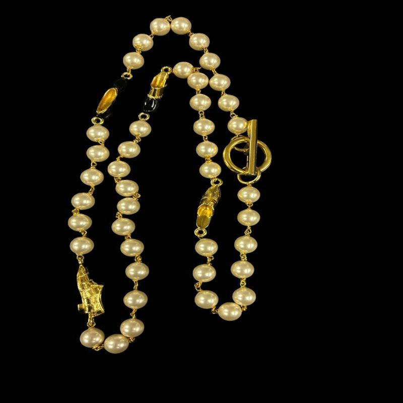 Salvatore Ferragamo Pearl Long Necklace, Gold-tone Hardware. Salvatore Ferragamo White Alloy Pearl Necklace.