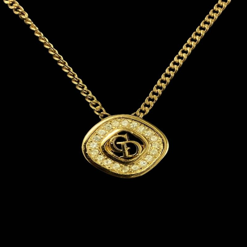 DIOR Necklace, Gold-tone Hardware, Rhinestone, Gold Plated. DIOR Gold-tone Alloy CD Necklace, No Engraving.
