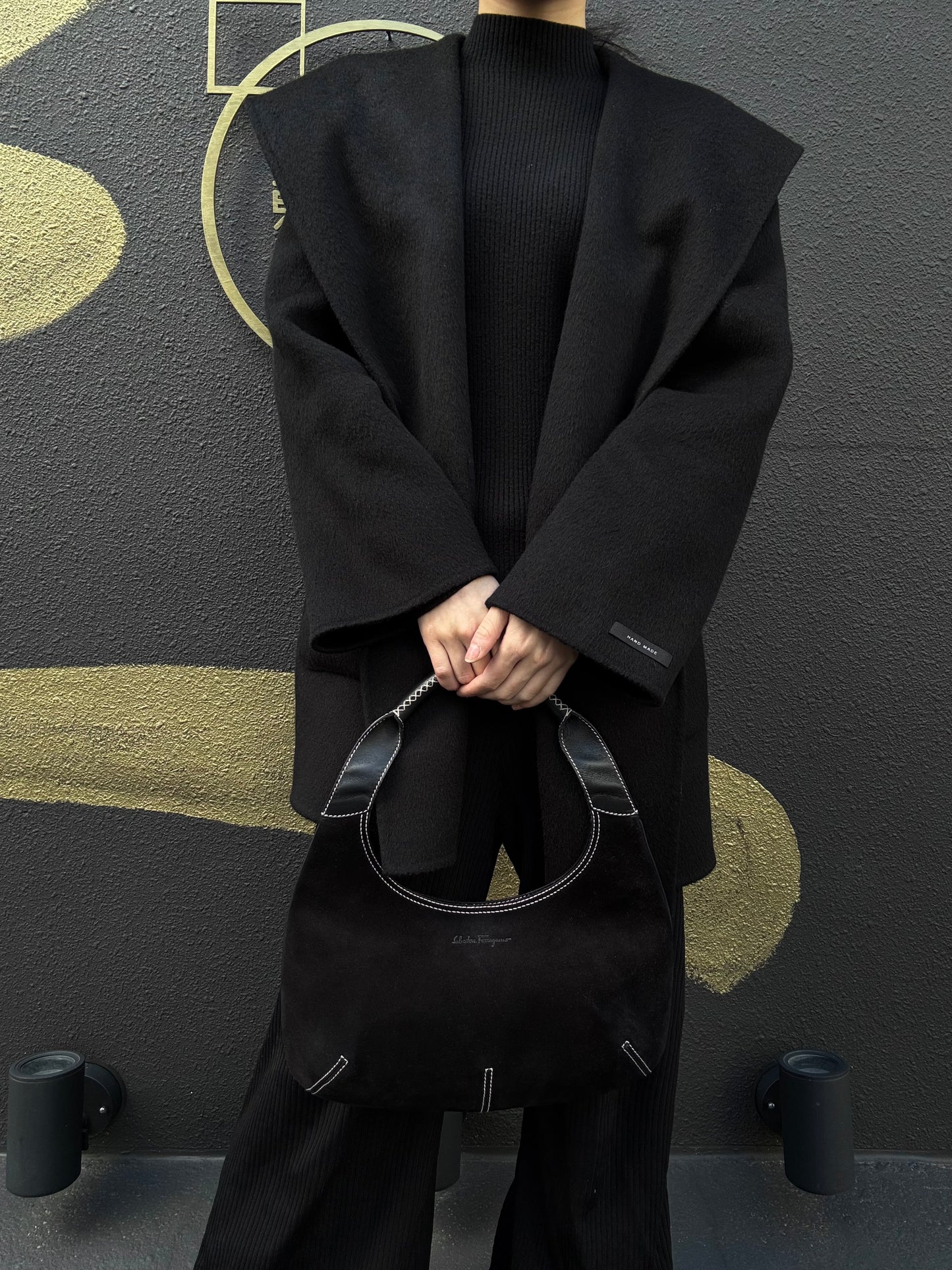 SALVATORE FERRAGAMO Ferragamo handbag suede black with dust bag black suede underarm bag
